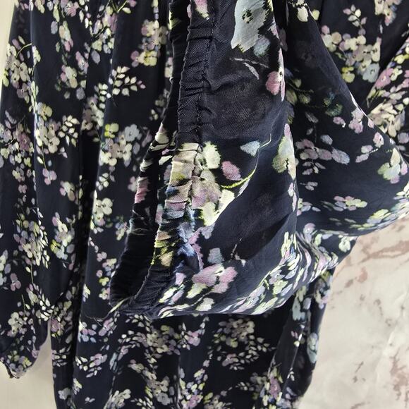 J Jill Shirt Womens Medium Blue Purple Floral Keyhole Blouse Popover Tassel Navy - Picture 9 of 12